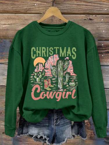 Women's Western Christmas Cowgirl Print Crewneck Sweatshirt