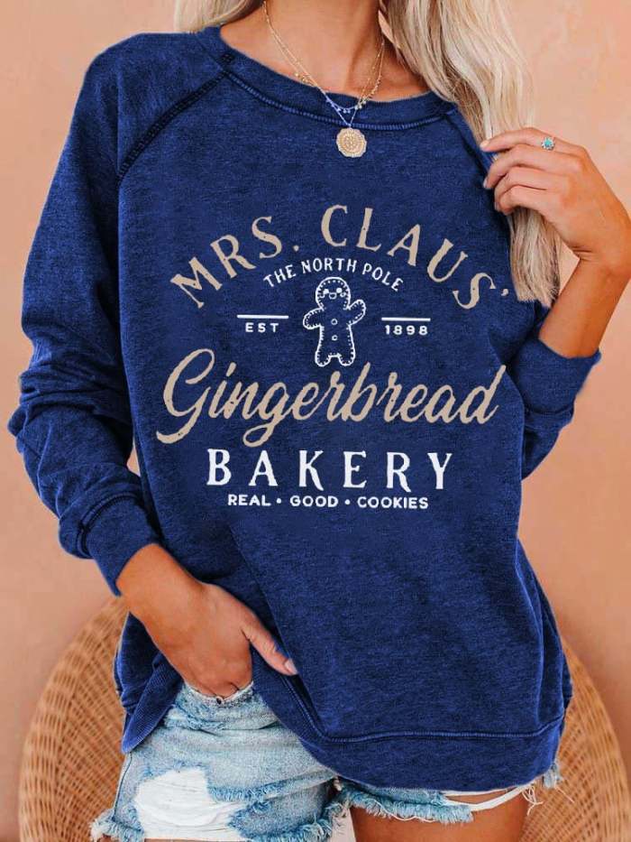 Women's Mrs Claus Gingerbread Bakery Christmas Cookies Print Casual Sweatshirt