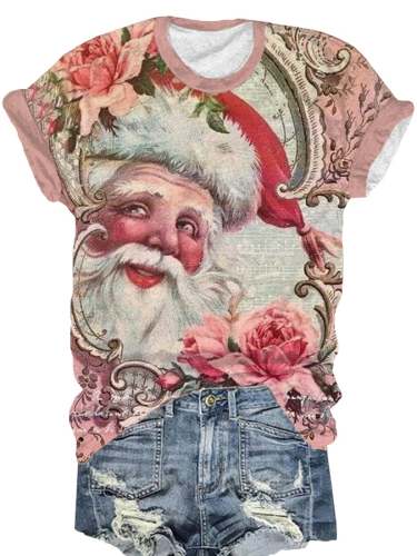 Women's Pink Vintage Santa Print T-Shirt