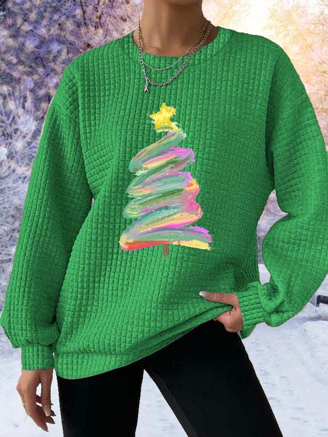 Women's Oil Painting Christmas Tree Print Waffle Sweatshirt
