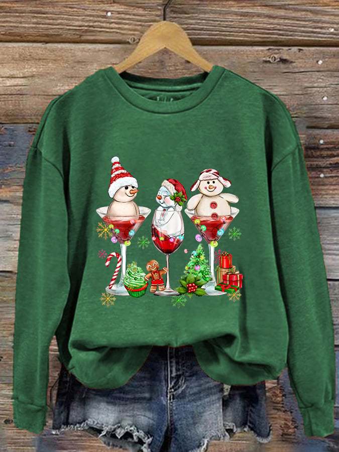 Women's Christmas Snowman Wine Glass Print Crew Neck Sweatshirt