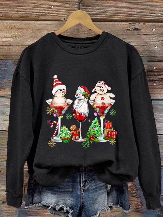 Women's Christmas Snowman Wine Glass Print Crew Neck Sweatshirt