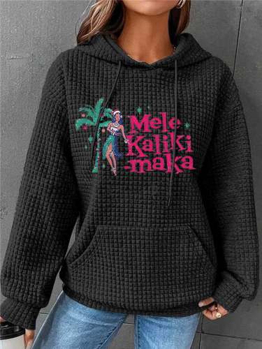 Women's Mele Kalikimaka Hawaii Christmas Printed Waffle Hooded Sweatshirt