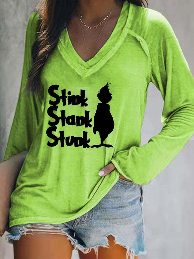 Women's Christmas green fur monster stink stank stunk print long-sleeved T-shirt
