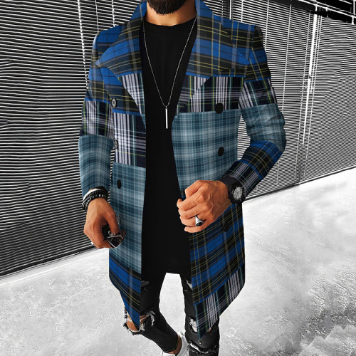 Fashion Patchwork Blue Check Casual Coat