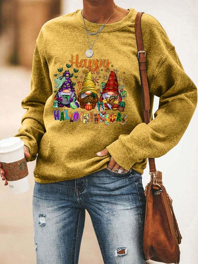 Women's Happy Hallothanksmas Gnome Print Sweatshirt