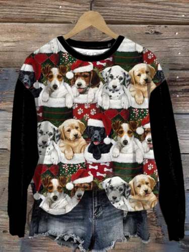 Women's Casual Christmas Dog Print Long Sleeve Sweatshirt
