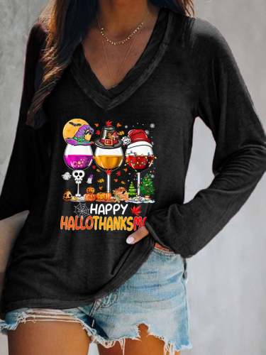 Women's Happy Hallothanksmas Wine Print V-Neck Long Sleeve T-Shirt