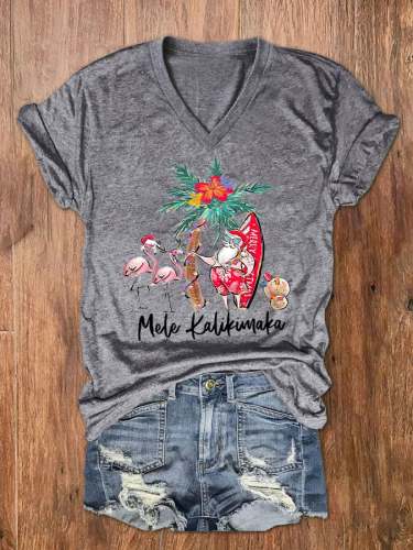 Women's Mele Kalikimaka Hawaii Christmas Print V-Neck T-Shirt
