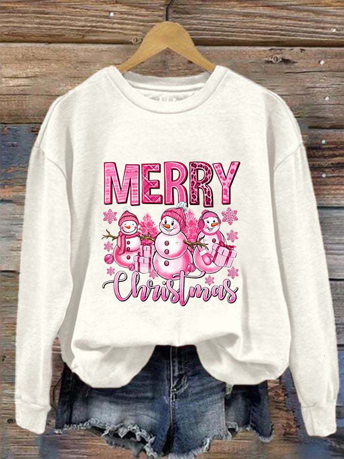 Women's Merry Christmas pink snowman print crew neck sweatshirt