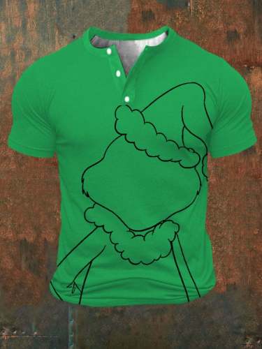 Men's Christmas Green Monster Print Henley Collar Button T-Shirt