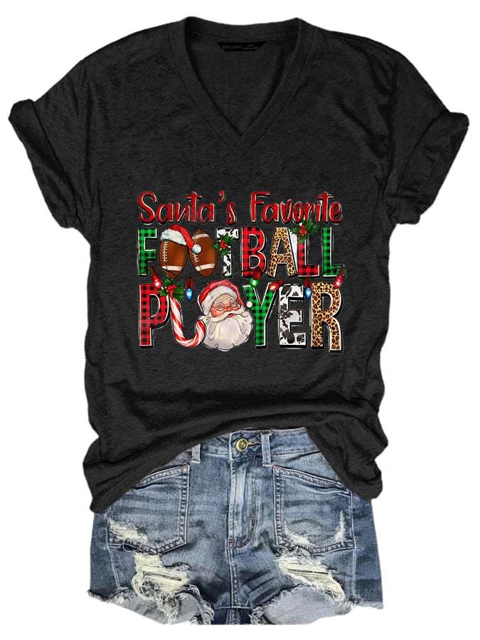 Women's Santa's Favorite Football Player Print Casual T-Shirt
