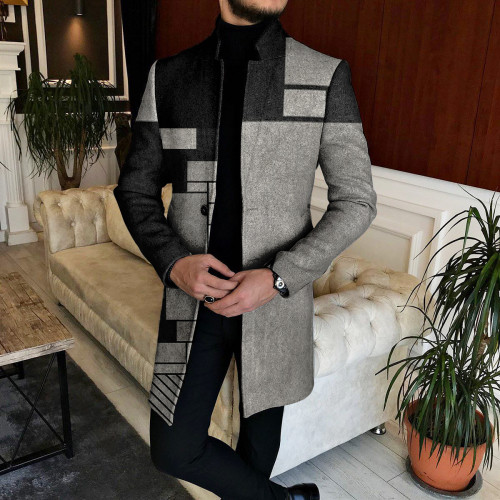 Men's Abstract Geometric Stand Up Collar Mid Length Coat