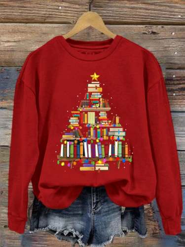 Women's Christmas Book Christmas Tree Print Crew Neck Sweatshirt