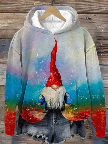 Women's Christmas Gnome Oil Painting Print Hooded Sweatshirt