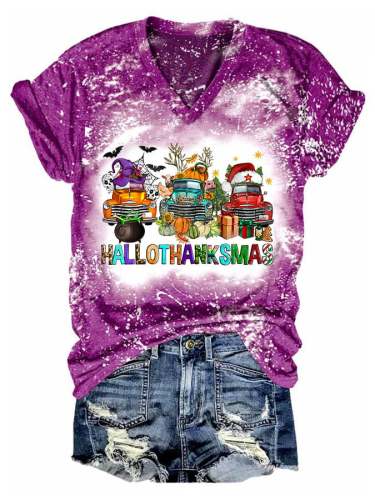 Women's Hallothanksmas Trucks Print V-Neck T-Shirt