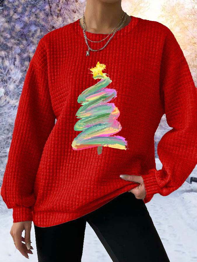 Women's Oil Painting Christmas Tree Print Waffle Sweatshirt