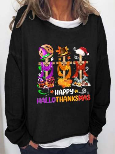 Women's Happy Hallothankmas Print Long Sleeve Sweatshirt