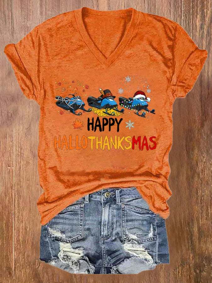 Women's Casual Happy Hallothankmas Print Short Sleeve T-Shirt