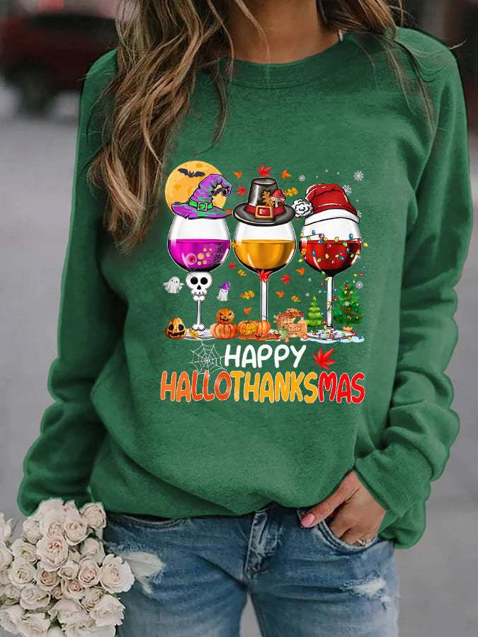 Women's Happy Hallothanksmas Wine Print Sweatshirt