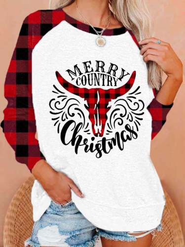 Women's Merry Country Christmas Buffalo Plaid Printed Round Neck Long Sleeve Sweatshirt