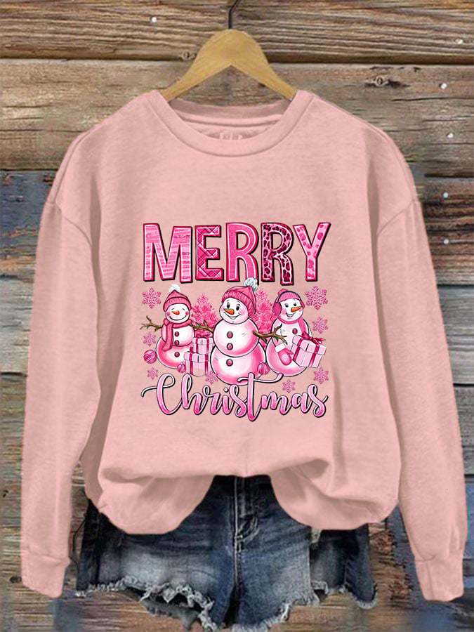 Women's Merry Christmas pink snowman print crew neck sweatshirt