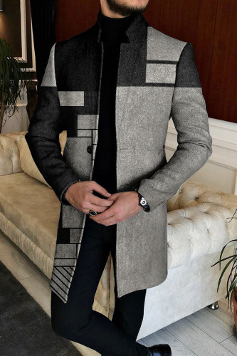 Men's Abstract Geometric Stand Up Collar Mid Length Coat