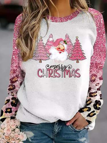 Women's Merry Christmas Pink Christmas Tree Print Casual Sweatshirt