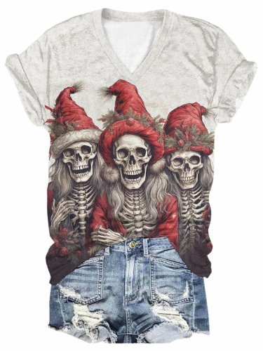 Women's Skull Christmas Print T-Shirt