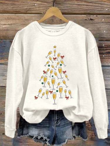 Women's Champagne Christmas Tree Print Sweatshirt