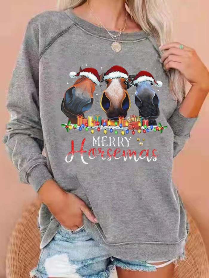 Women's Merry Horsemas Print Casual Sweatshirt