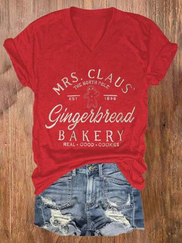 Xmas Santa Mrs Claus Bakery Print Short Sleeve Casual T-Shirt