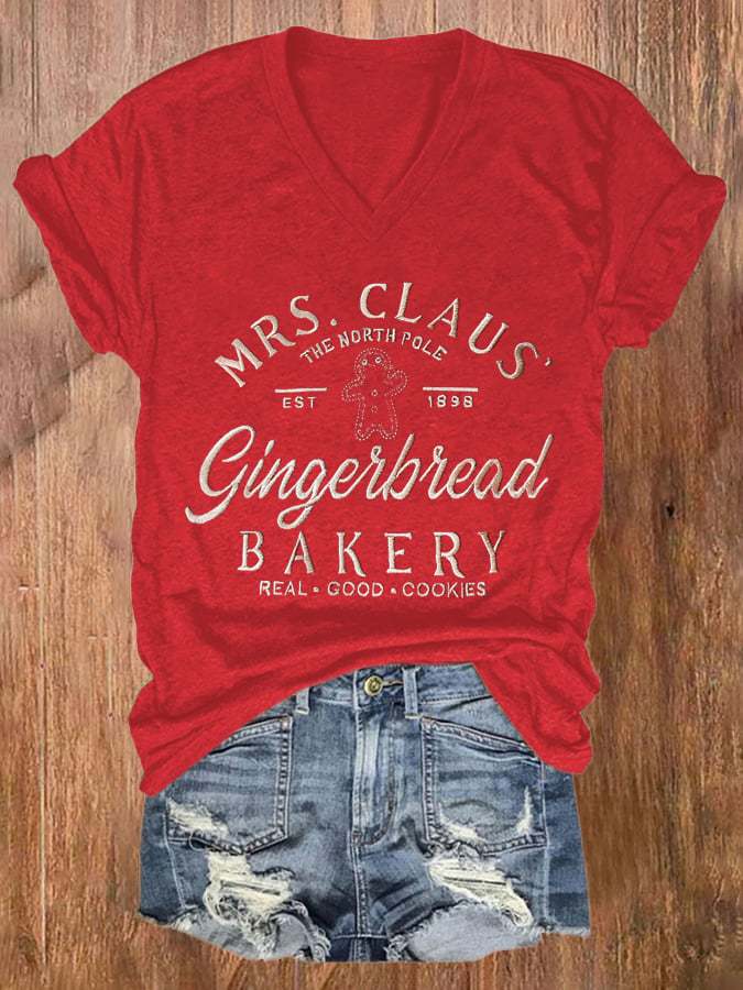 Xmas Santa Mrs Claus Bakery Print Short Sleeve Casual T-Shirt