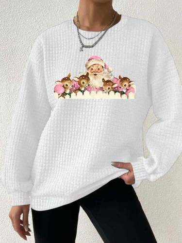 Women's Vintage Pink Santa Print Waffle Sweatshirt