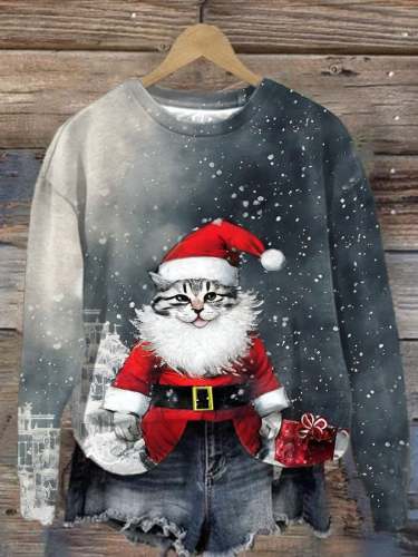 Women's Casual Santa Cat Fun Print Long Sleeve Sweatshirt