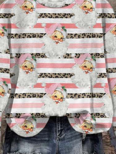 Retro Pink Santa Stripe Leopard Print Sweatshirt