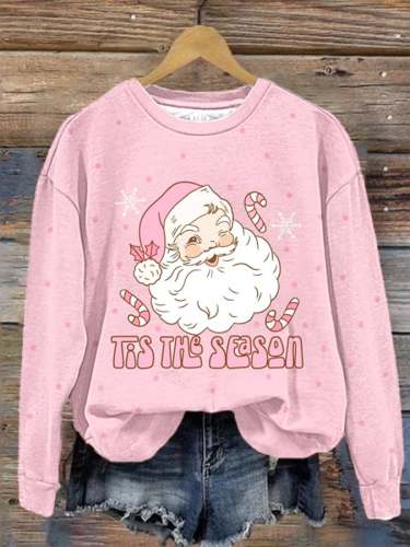 Women's Christmas Tis The Season Pink Santa Print Sweatshirt