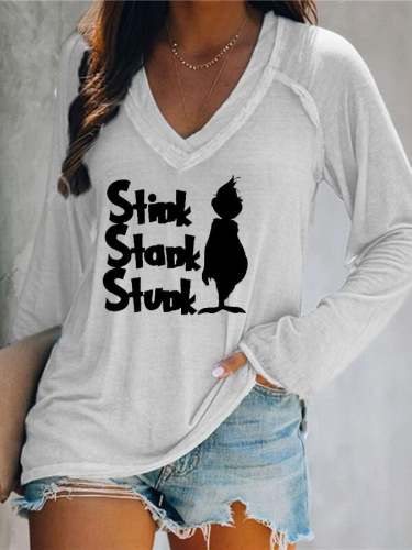 Women's Christmas green fur monster stink stank stunk print long-sleeved T-shirt