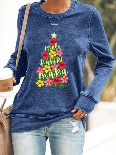 Women's Hawaiian Hibiscus Christmas Tree  Mele Kalikimaka  Print Sweatshirt