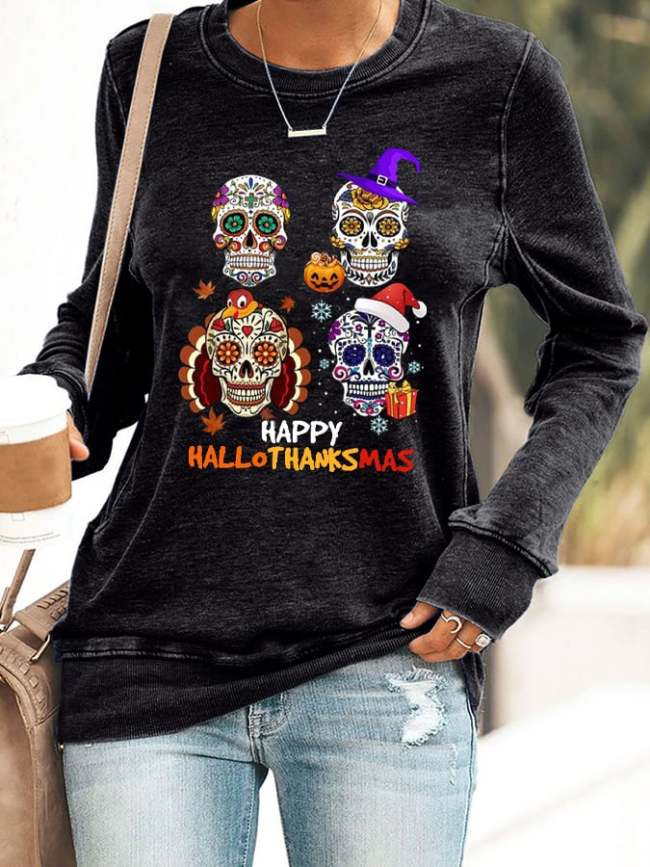 Women'S Casual Happy Hallothankmas Long-Sleeved Sweatshirt