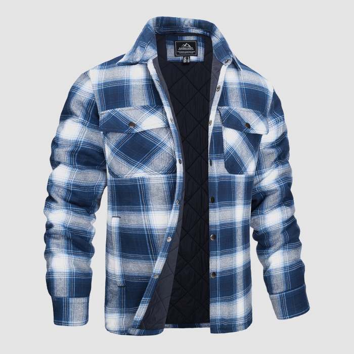 Men's Flannel Shirt Jacket Long Sleeve Quilted Lined Plaid Coat Button Down Thick Outwear for Winter