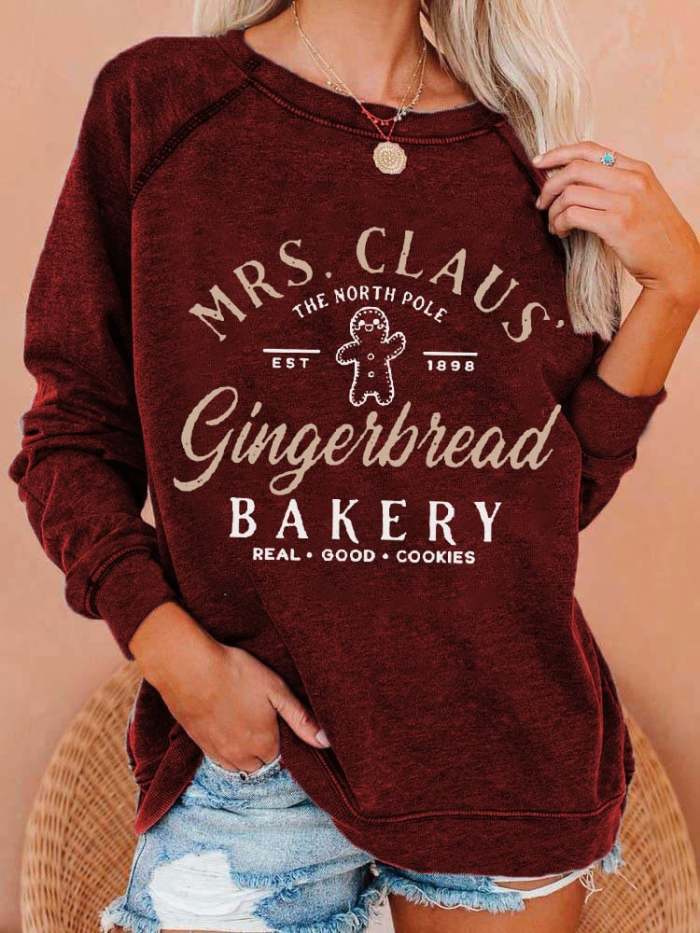 Women's Mrs Claus Gingerbread Bakery Christmas Cookies Print Casual Sweatshirt