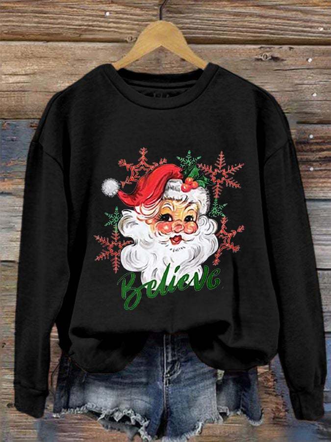 Women's Christmas  Santa Believe Print Crew Neck Sweatshirt