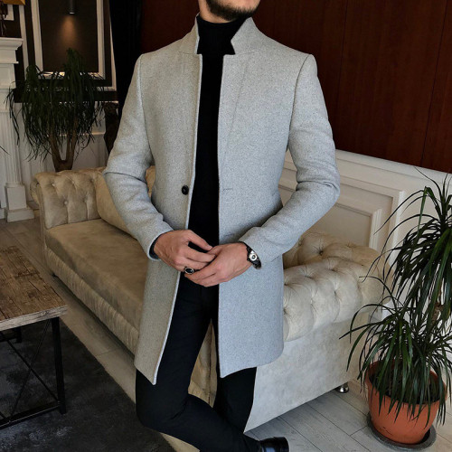 Men's Solid Fitting Stand Collar Woolen Coat