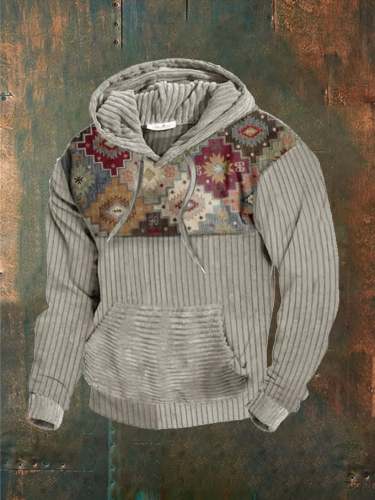 Men's Retro Ethnic Style Pit Strip Printed Hooded Sweatshirt