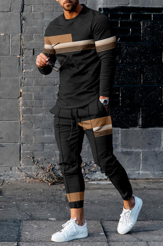 Khaki Stripes Contrast Casual Black T-Shirt And Pants Co-Ord