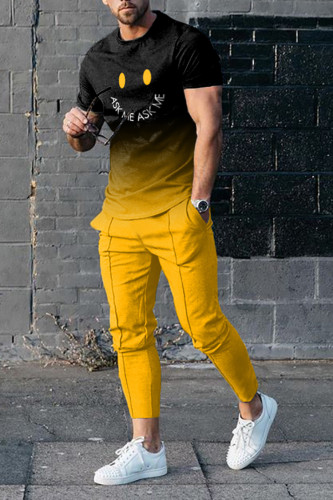 Black And Yellow Gradient Sports T-Shirt And Pants Two-Piece Set