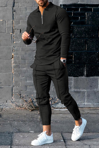 Casual Black Polo Shirt And Pants Two Piece Set