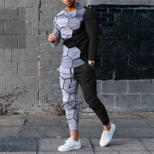 Men's Abstract Color Block Casual Long Sleeve T-Shirt And Pants Co-Ord