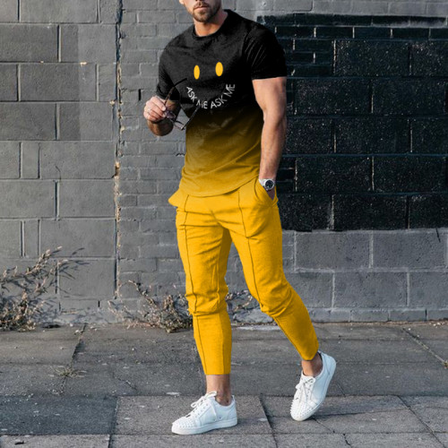 Black And Yellow Gradient Sports T-Shirt And Pants Two-Piece Set